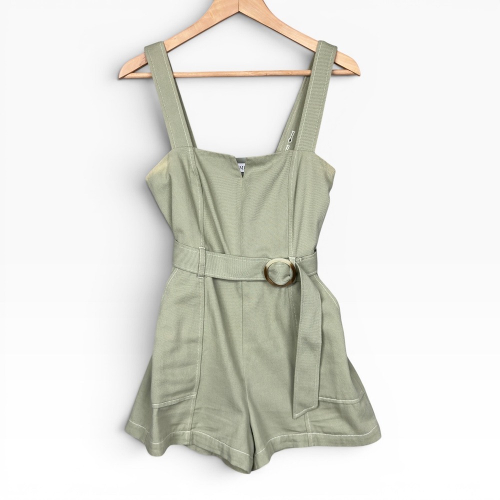 Intermix Romper Womens 0 Sage Green Cotton Utility Belted Contrast Stitch Twill